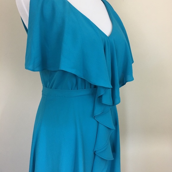 Max and Cleo Blue Asymmetrical Dress with Ruffle Draping - Picture 6 of 8
